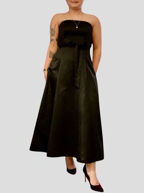 Papell Boutique Black Satin Midi Dress Fit Flare Size 6 Black Tie Even Dress